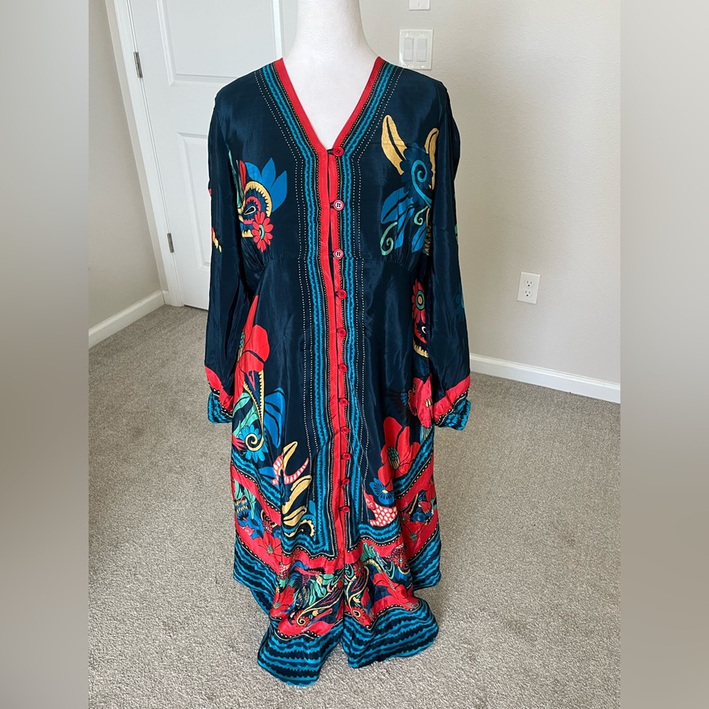 Farm Rio Vibrant Floral Button-Front Maxi Dress in Navy and Red
